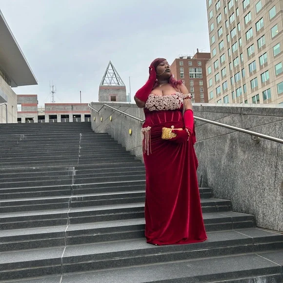 burgundy corset prom dress Corset-Back Wrap-Bodice A-Line Prom Dress main image 1